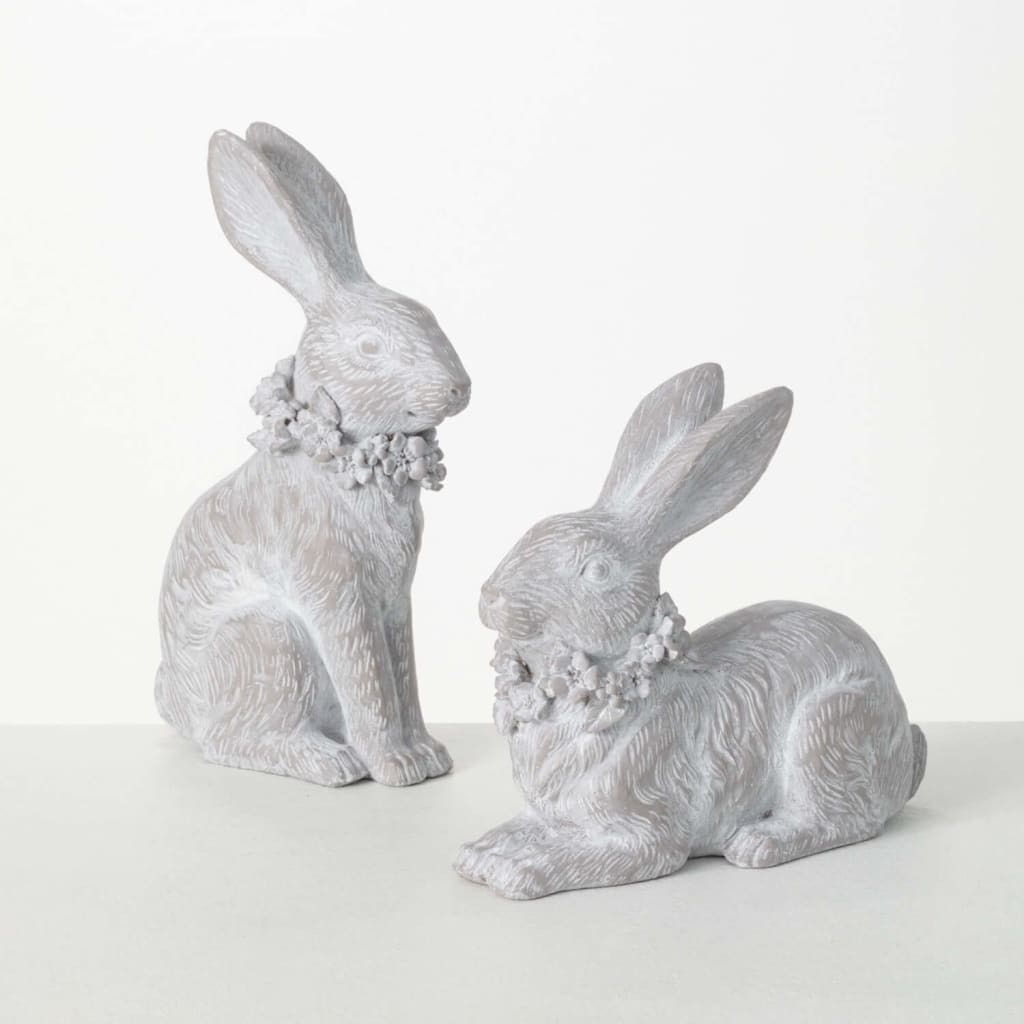 8.25 Whitewashed Resting Bunnies Figurine Set (Set of 2)